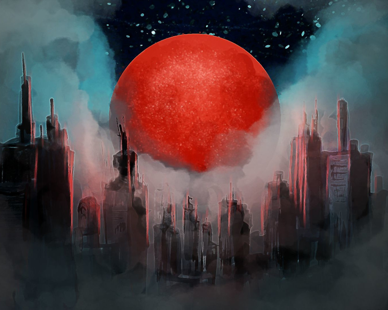 A stylized sci-fi cityscape artwork featuring a giant glowing red orb or moon in a dark starry sky, with mist and futuristic spire-like buildings in black, gray, and muted red tones.